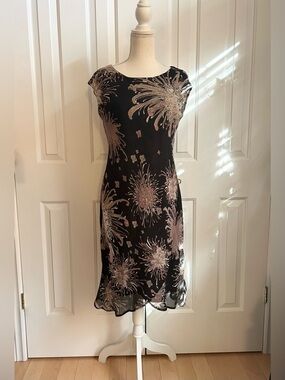 LORI M COLLECTION, Floral Cap-Sleeve Sheath Midi Dress Lined Black & Blush Large